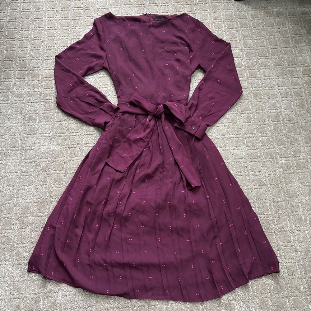 Ann Taylor Square Dot Long Sleeve A-Line Midi Dress Sz 10 Pleated Burgundy Red